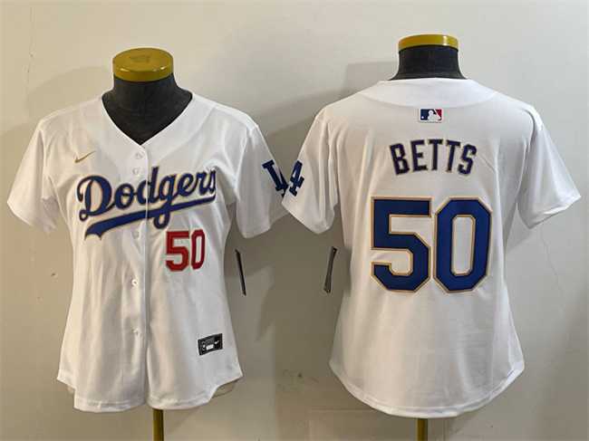 Womens Los Angeles Dodgers #50 Mookie Betts White Gold Home Limited Stitched Jersey->mlb womens jerseys->MLB Jersey